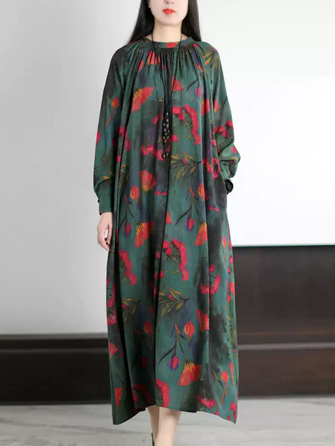 Robe ample à col rond et motif floral artistique pour femme