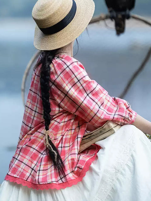 Chemise à col rond en coton à carreaux et dentelle pour femme 