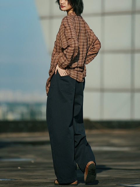 Chemise en coton à col rabattu et à carreaux pour femme 