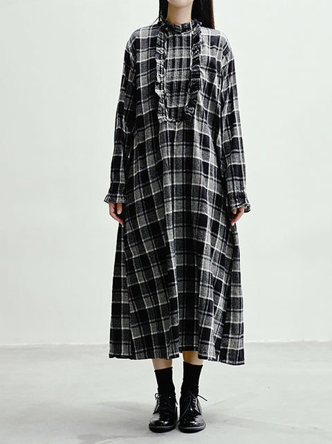 Robe ample à carreaux et col à volants pour femme