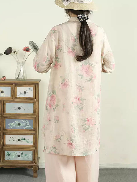 Chemise en ramie à col montant et motif floral ethnique pour femme