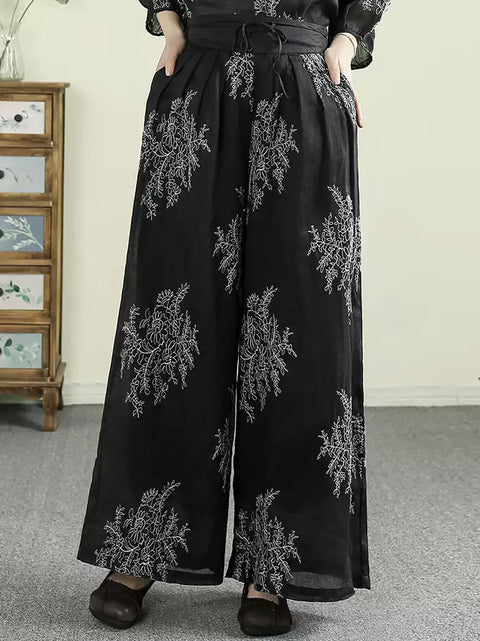 Pantalon large à imprimé floral artistique de printemps pour femme en ramie 