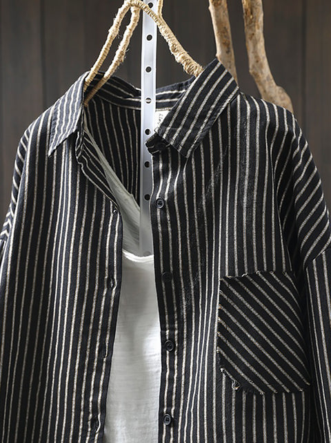 Women Spring 100%Cotton Stripe Turn-down Collar Shirt