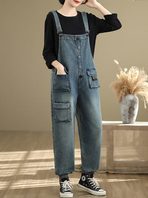 Women Spring Artsy Pocket Denim Loose Jumpsuits