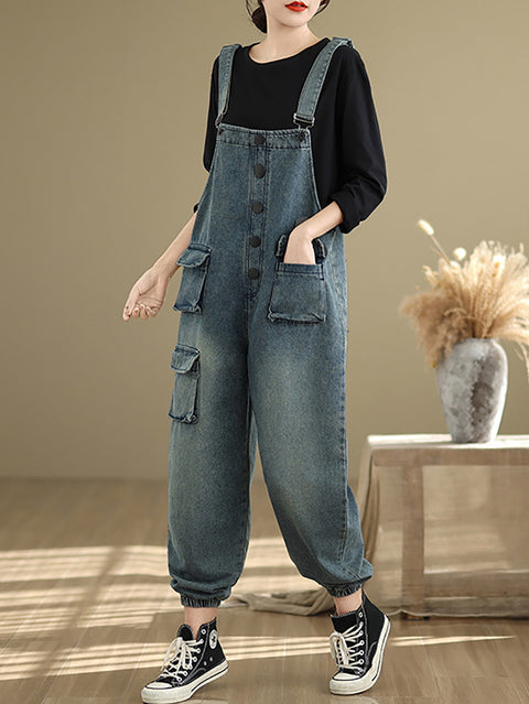 Women Spring Artsy Pocket Denim Loose Jumpsuits