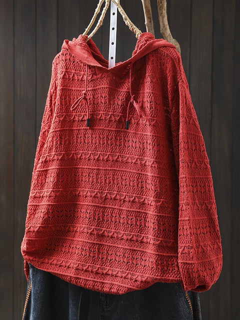 Women Spring Artsy Knit Cotton Hooded Shirt