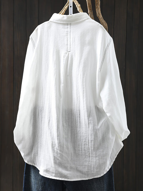 Women Spring Pure Color Cotton Turn-down Collar Shirt