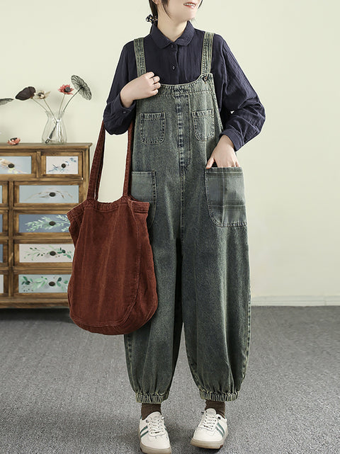 Women Spring Artsy Plaid Denim Spliced Loose Jumpsuits