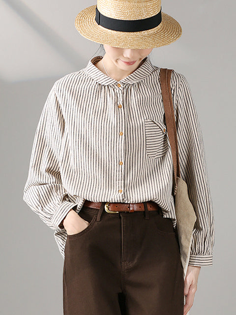 Women Autumn Vintage Stripe Cotton Turn-down Collar Shirt