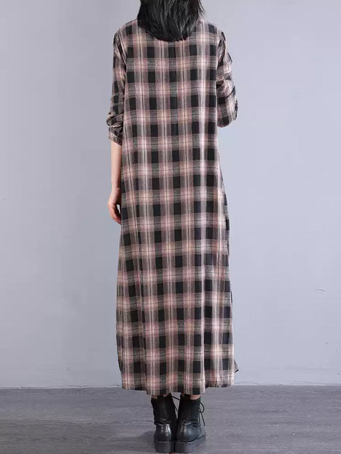 Women Spring Plaid Stand Collar Spliced 100%Cotton Dress