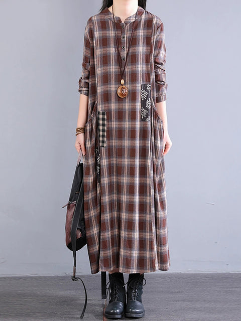 Women Spring Plaid Stand Collar Spliced 100%Cotton Dress