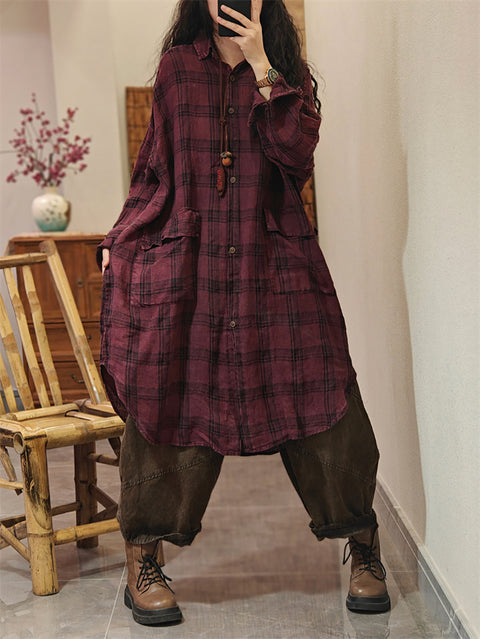 Women Spring Cotton Plaid Buttons Turn-down Collar Shirt