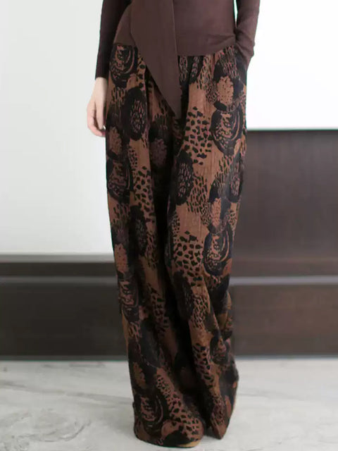 Women Spring Retro Print Wide-leg Pants