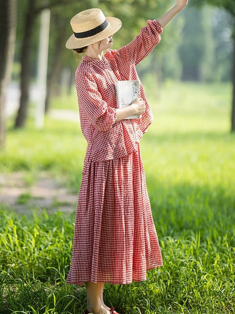 Women Summer Vintage Red Plaid 100%Linen Loose Suits