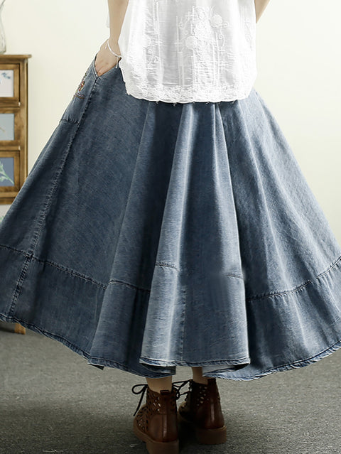 Women Spring Retro Embroidery A-Shape Denim Skirt