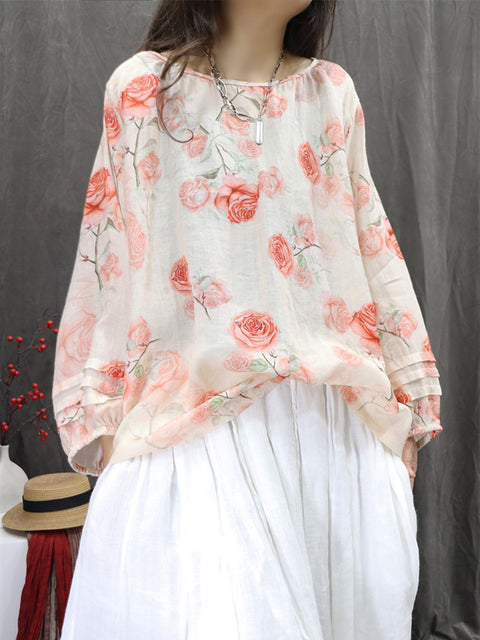 Women Artsy Summer Floral 100%Ramie O-Neck Shirt