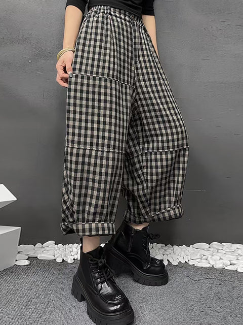 Pantalon sarouel à carreaux de printemps vintage pour femme