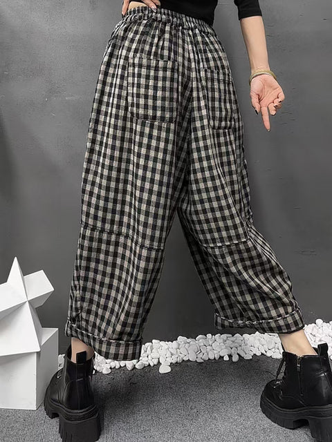 Pantalon sarouel à carreaux de printemps vintage pour femme