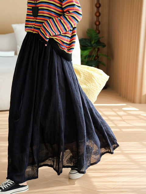 Women Summer Embroidery A-Shape 100%Ramie Skirt