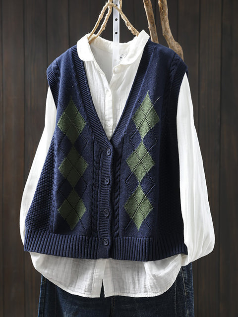 Women Casual Colorblock Rhomboids V-Neck Vest