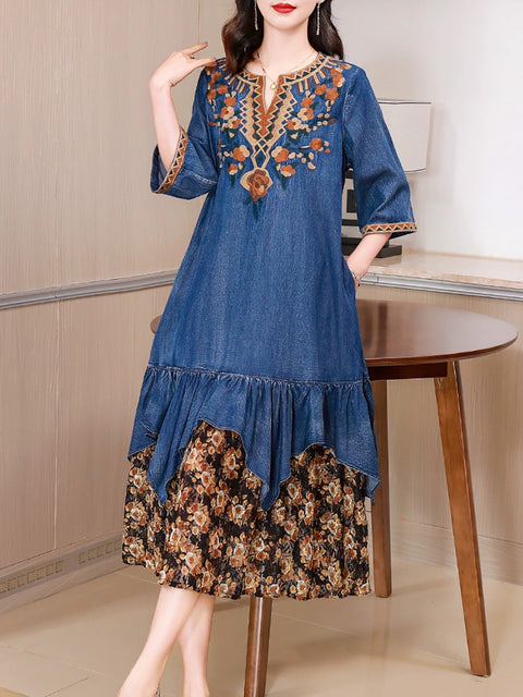 Women Summer Embroidery Flower Spliced V-Neck Denim Dress