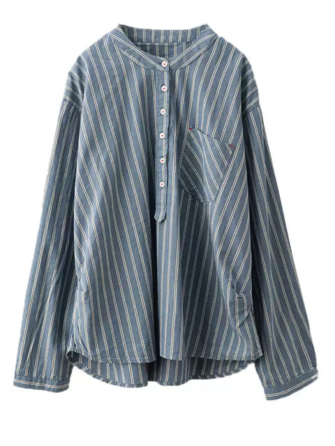 Chemise à col en V en coton à rayures vintage pour femme 