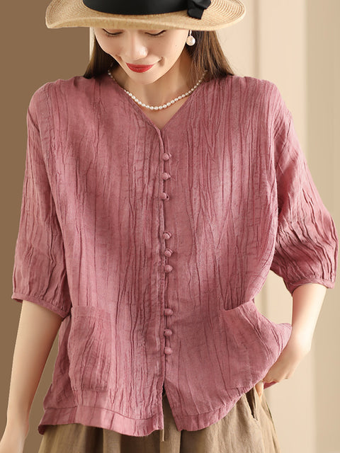 Women Spring Vintage Pure Color V-Neck Linen Shirt