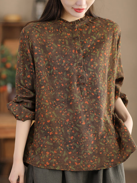 Chemise à col montant à fleurs artistiques pour femme 100 % coton 