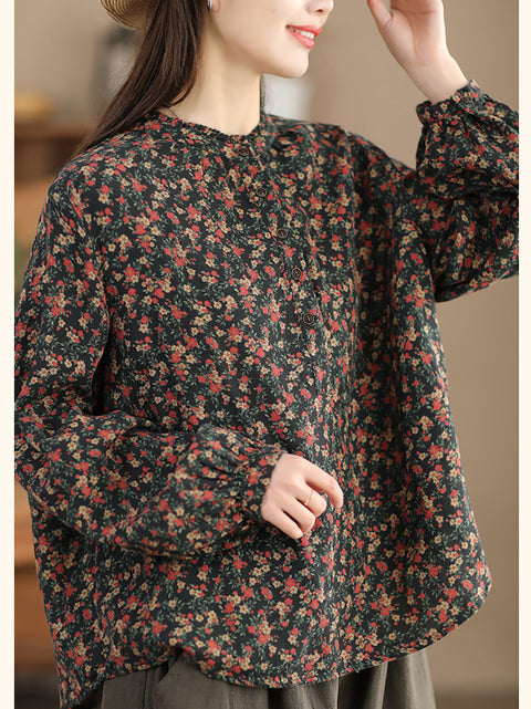 Chemise à col montant à fleurs artistiques pour femme 100 % coton 