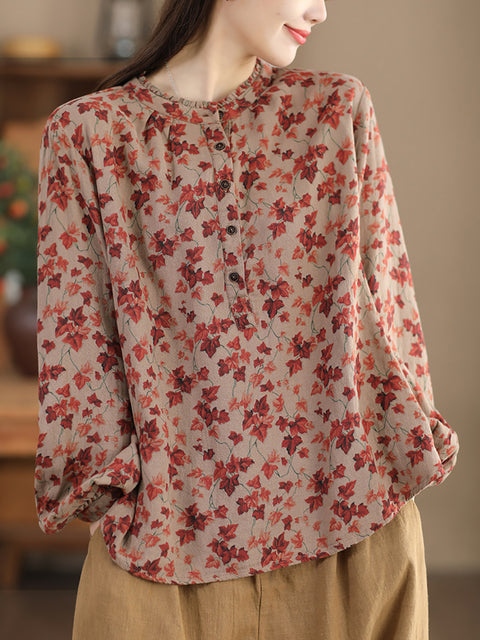 Chemise à col montant à fleurs artistiques pour femme 100 % coton 