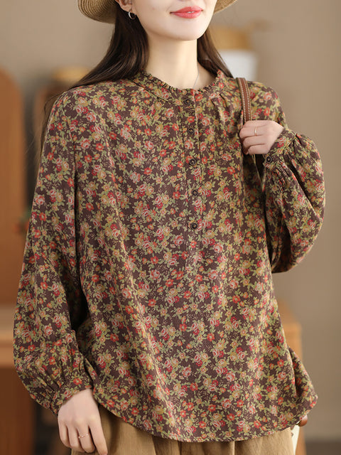 Chemise à col montant à fleurs artistiques pour femme 100 % coton 