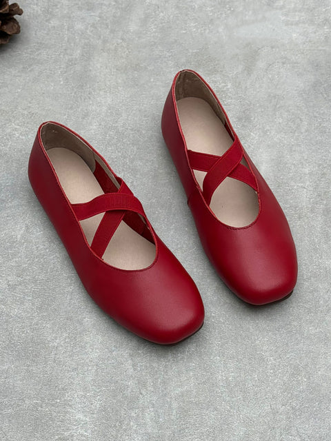 Chaussures vintage à talons bas en cuir véritable pour femmes