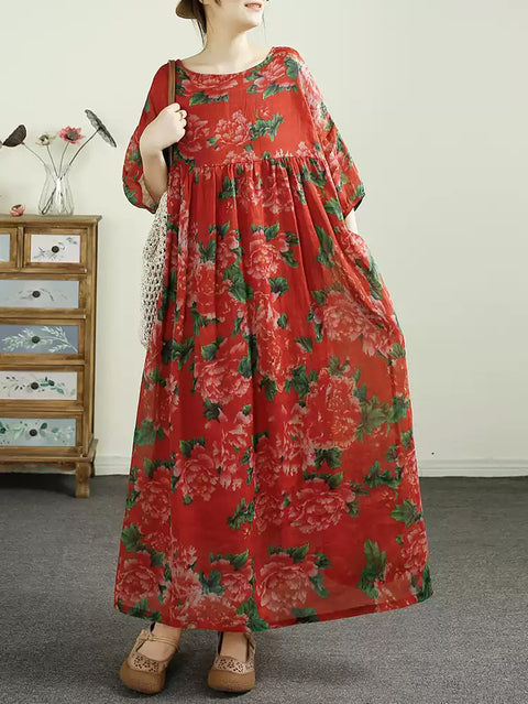 Robe d'été à col rond et motif floral artistique pour femme, 100 % ramie