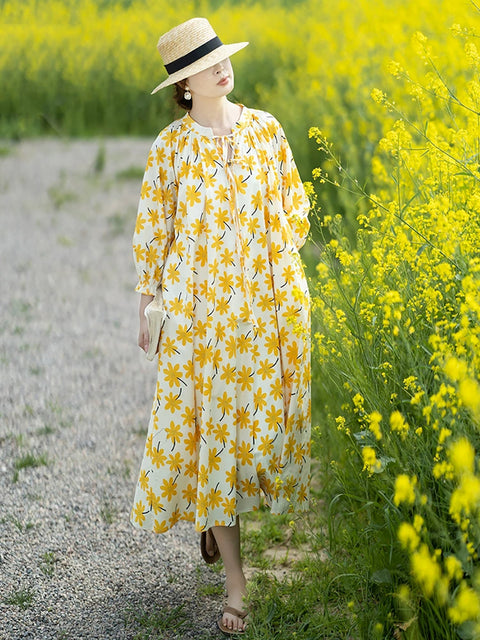 Robe ample à col montant et à fleurs pour femme, style vintage, printemps