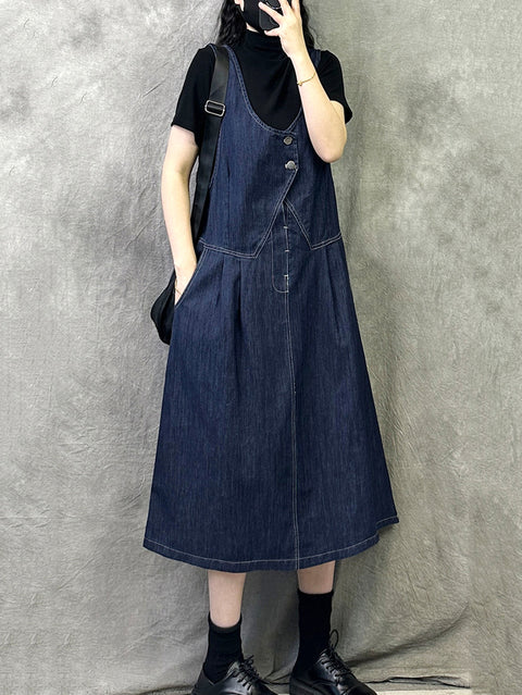 Robe à bretelles en denim de couleur pure pour femmes