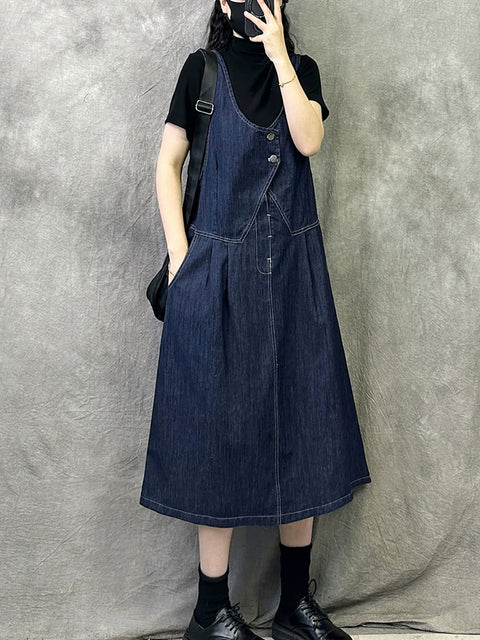 Robe à bretelles en denim de couleur pure pour femmes