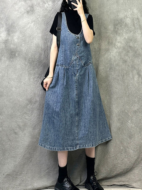 Robe à bretelles en denim de couleur pure pour femmes