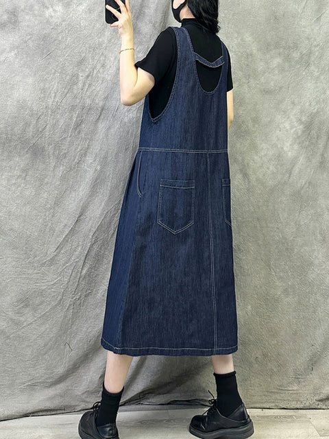 Robe à bretelles en denim de couleur pure pour femmes