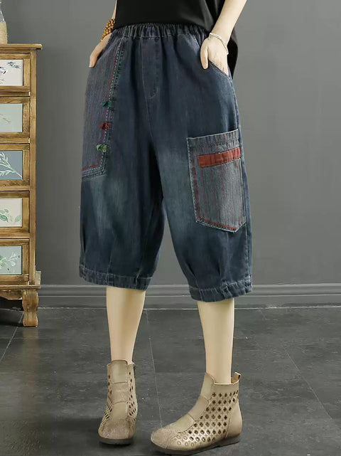 Pantalon sarouel en denim épissé à patch rétro pour femme