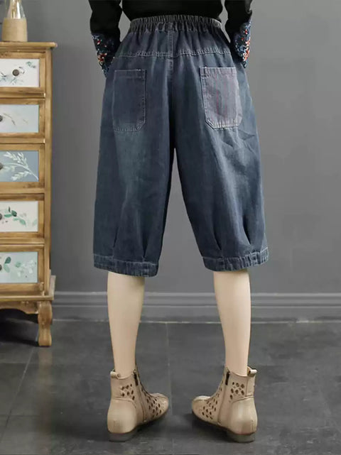 Pantalon sarouel en denim épissé à patch rétro pour femme