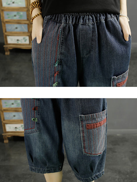 Women Retro Patch Spliced Denim Harem Middle  Pants