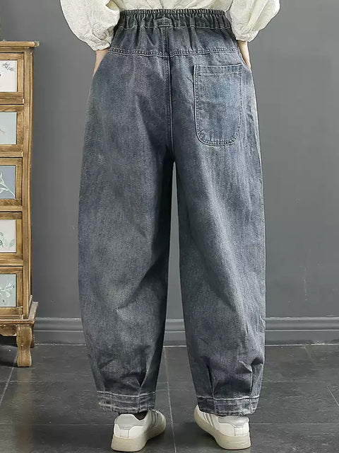 Women Casual Pure Color Denim Spliced Harem Pants