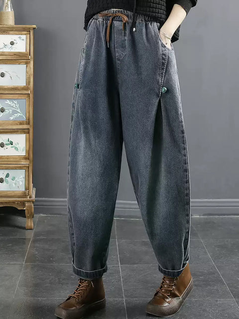 Pantalon sarouel décontracté en denim de couleur pure pour femme