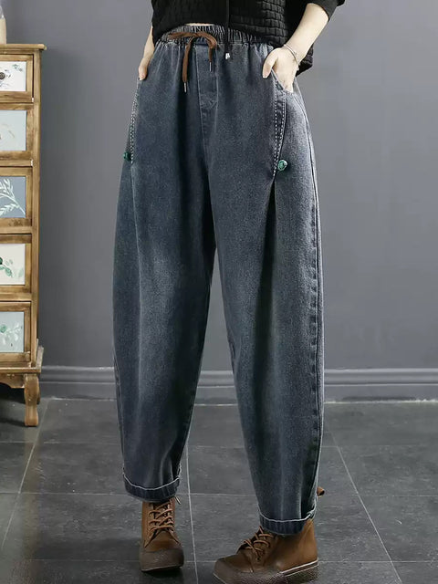 Pantalon sarouel décontracté en denim de couleur pure pour femme