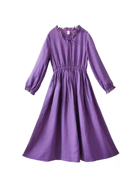 Robe en lin artistique à col en dentelle de couleur pure pour femme