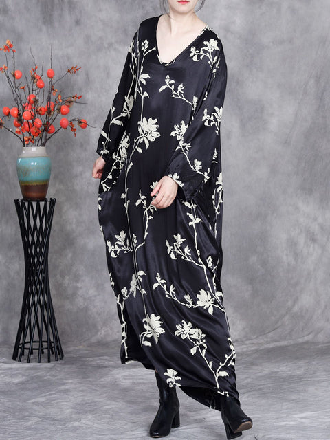 Robe longue fleurie à col en V et motifs artistiques pour femmes