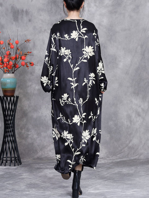 Robe longue fleurie à col en V et motifs artistiques pour femmes