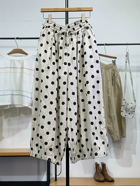 Women Vintage Spring Dot  Wide-leg Linen Pants