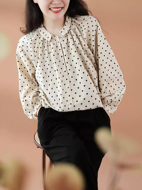 Women Spring Dot 100%Cotton Turn-down Collar Shirt