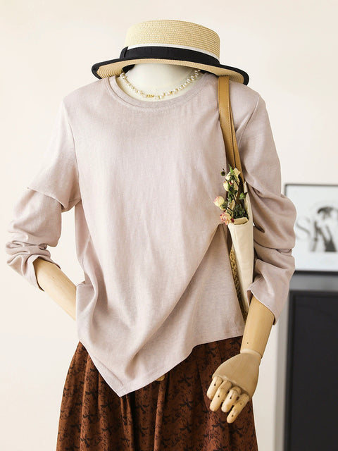 Women Spring O-Neck Pure Color Cotton Waist Fold Shirt